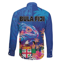 Fiji Bula Family Matching Off The Shoulder Long Sleeve Dress and Hawaiian Shirt Tropical Plants with Palm Tree and Iguana Colorful LT03 - Polynesian Pride
