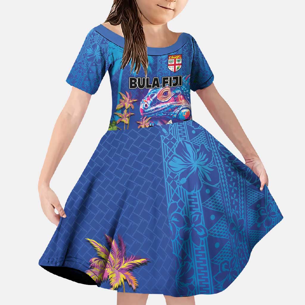 Fiji Bula Family Matching Off Shoulder Maxi Dress and Hawaiian Shirt Tropical Plants with Palm Tree and Iguana Colorful LT03 Daughter's Dress Blue - Polynesian Pride