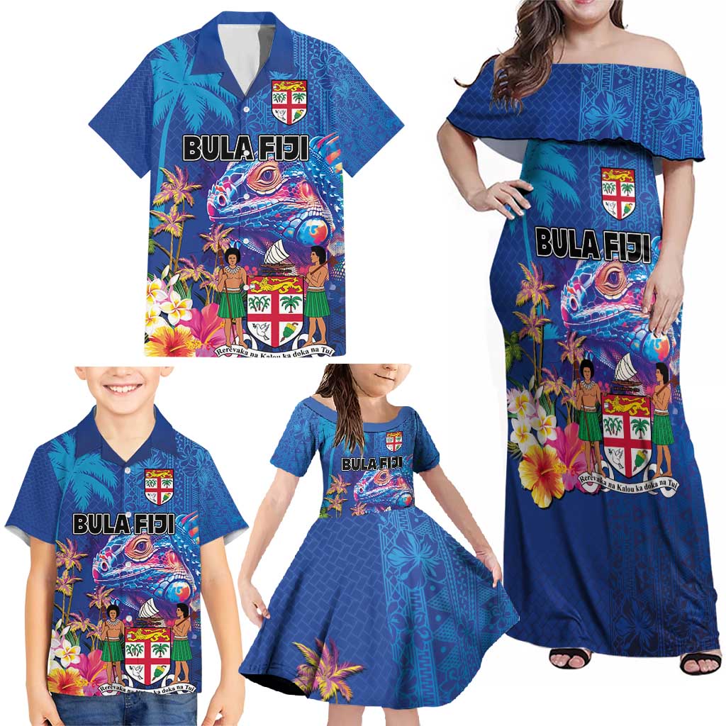 Fiji Bula Family Matching Off Shoulder Maxi Dress and Hawaiian Shirt Tropical Plants with Palm Tree and Iguana Colorful LT03 - Polynesian Pride