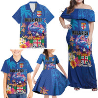 Fiji Bula Family Matching Off Shoulder Maxi Dress and Hawaiian Shirt Tropical Plants with Palm Tree and Iguana Colorful LT03 - Polynesian Pride