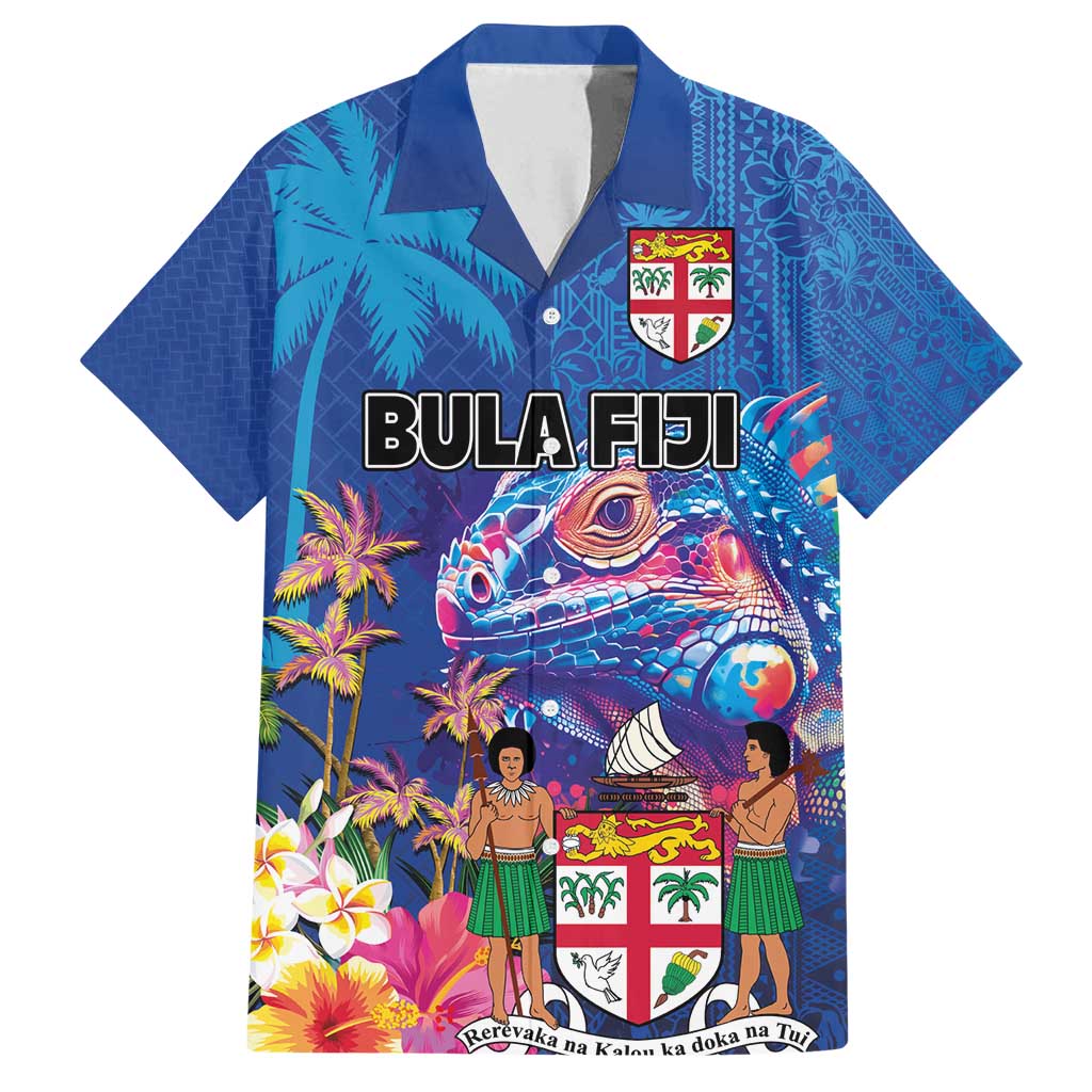 Fiji Bula Family Matching Off Shoulder Maxi Dress and Hawaiian Shirt Tropical Plants with Palm Tree and Iguana Colorful LT03 Dad's Shirt - Short Sleeve Blue - Polynesian Pride