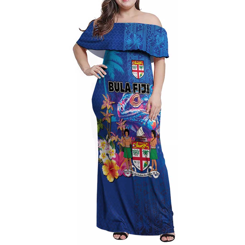 Fiji Bula Family Matching Off Shoulder Maxi Dress and Hawaiian Shirt Tropical Plants with Palm Tree and Iguana Colorful LT03 Mom's Dress Blue - Polynesian Pride