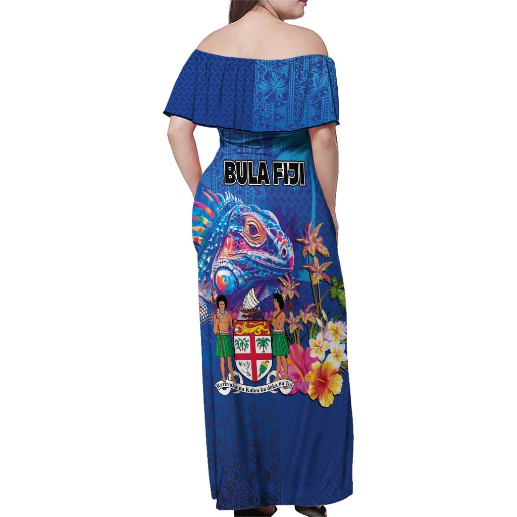 Fiji Bula Family Matching Off Shoulder Maxi Dress and Hawaiian Shirt Tropical Plants with Palm Tree and Iguana Colorful LT03 - Polynesian Pride