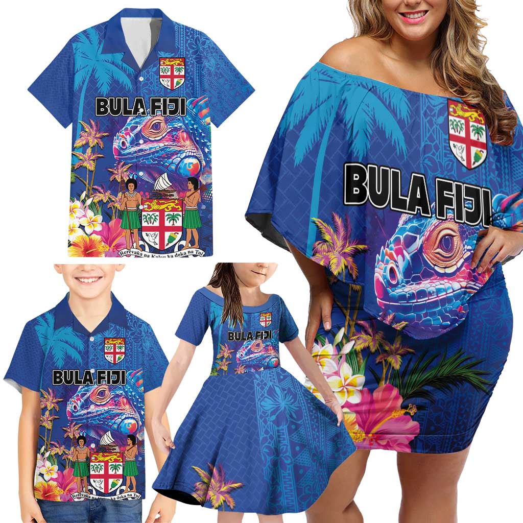 Fiji Bula Family Matching Off Shoulder Short Dress and Hawaiian Shirt Tropical Plants with Palm Tree and Iguana Colorful LT03 - Polynesian Pride