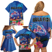 Fiji Bula Family Matching Off Shoulder Short Dress and Hawaiian Shirt Tropical Plants with Palm Tree and Iguana Colorful LT03 - Polynesian Pride