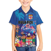 Fiji Bula Family Matching Off Shoulder Short Dress and Hawaiian Shirt Tropical Plants with Palm Tree and Iguana Colorful LT03 Son's Shirt Blue - Polynesian Pride