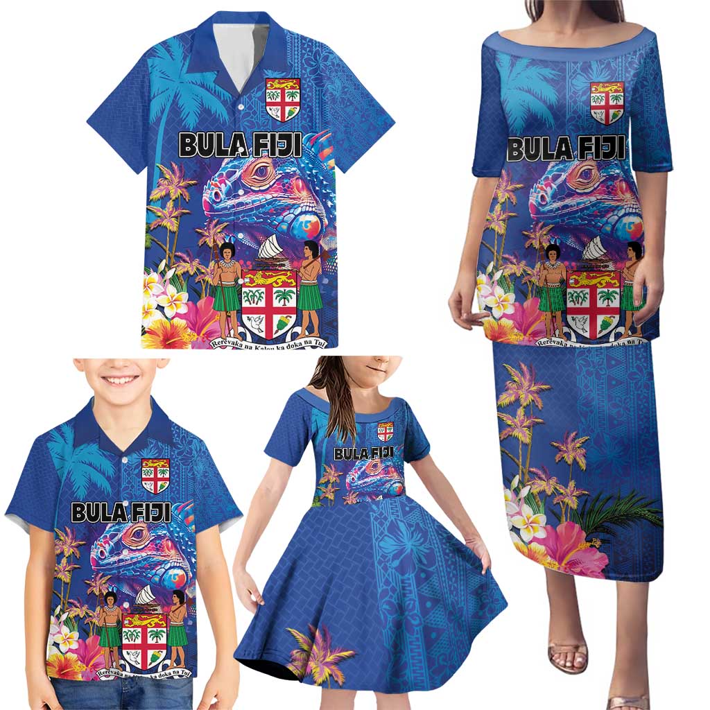 Fiji Bula Family Matching Puletasi and Hawaiian Shirt Tropical Plants with Palm Tree and Iguana Colorful LT03 - Polynesian Pride