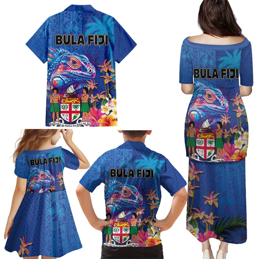 Fiji Bula Family Matching Puletasi and Hawaiian Shirt Tropical Plants with Palm Tree and Iguana Colorful LT03 - Polynesian Pride