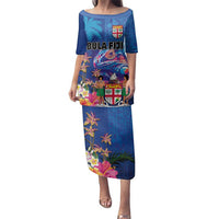Fiji Bula Family Matching Puletasi and Hawaiian Shirt Tropical Plants with Palm Tree and Iguana Colorful LT03 Mom's Dress Blue - Polynesian Pride