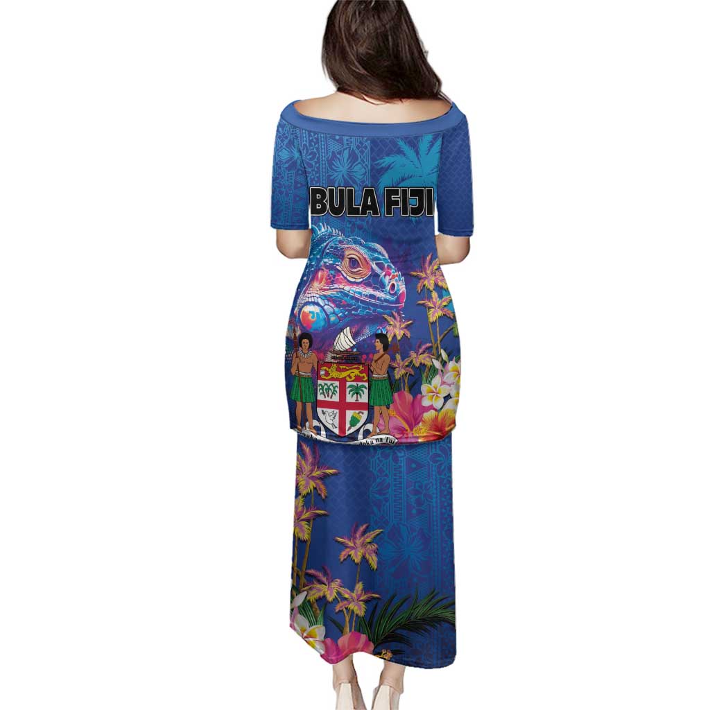 Fiji Bula Family Matching Puletasi and Hawaiian Shirt Tropical Plants with Palm Tree and Iguana Colorful LT03 - Polynesian Pride