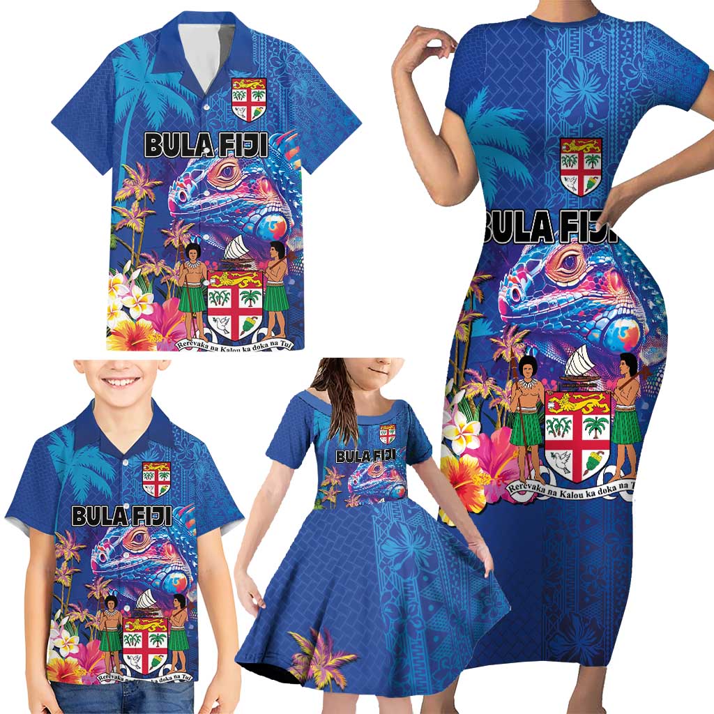 Fiji Bula Family Matching Short Sleeve Bodycon Dress and Hawaiian Shirt Tropical Plants with Palm Tree and Iguana Colorful LT03 - Polynesian Pride