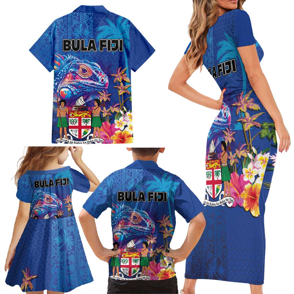 Fiji Bula Family Matching Short Sleeve Bodycon Dress and Hawaiian Shirt Tropical Plants with Palm Tree and Iguana Colorful LT03 - Polynesian Pride