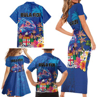 Fiji Bula Family Matching Short Sleeve Bodycon Dress and Hawaiian Shirt Tropical Plants with Palm Tree and Iguana Colorful LT03 - Polynesian Pride