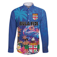 Fiji Bula Family Matching Short Sleeve Bodycon Dress and Hawaiian Shirt Tropical Plants with Palm Tree and Iguana Colorful LT03 Dad's Shirt - Long Sleeve Blue - Polynesian Pride