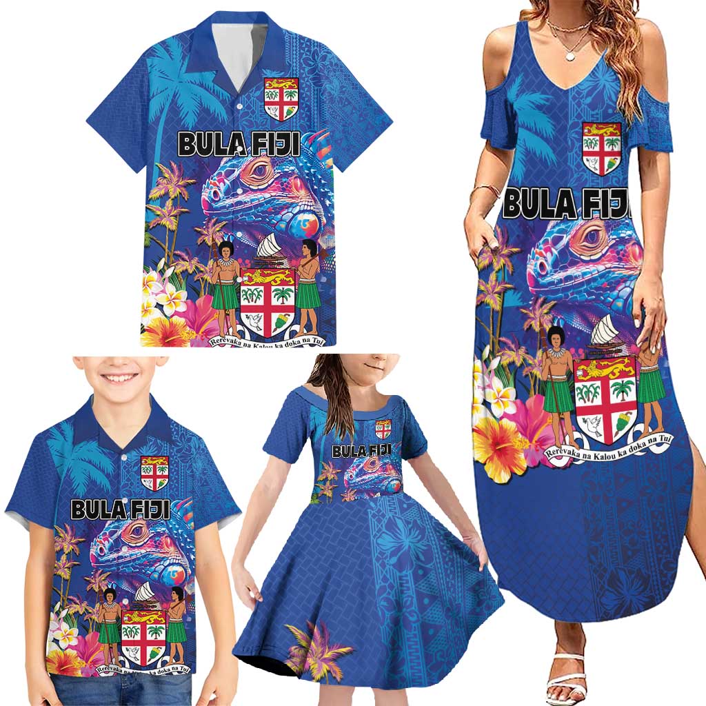 Fiji Bula Family Matching Summer Maxi Dress and Hawaiian Shirt Tropical Plants with Palm Tree and Iguana Colorful LT03 - Polynesian Pride