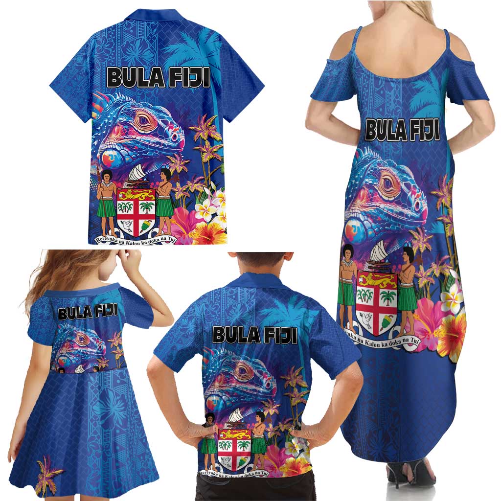 Fiji Bula Family Matching Summer Maxi Dress and Hawaiian Shirt Tropical Plants with Palm Tree and Iguana Colorful LT03 - Polynesian Pride