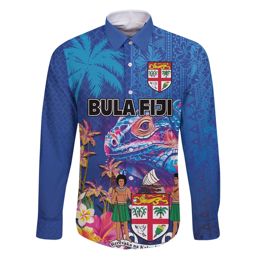 Fiji Bula Family Matching Summer Maxi Dress and Hawaiian Shirt Tropical Plants with Palm Tree and Iguana Colorful LT03 Dad's Shirt - Long Sleeve Blue - Polynesian Pride