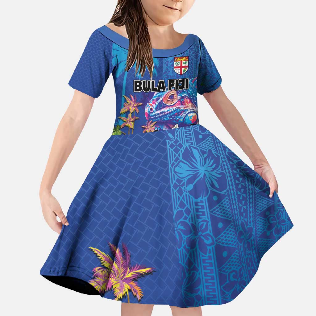 Fiji Bula Family Matching Tank Maxi Dress and Hawaiian Shirt Tropical Plants with Palm Tree and Iguana Colorful LT03 Daughter's Dress Blue - Polynesian Pride