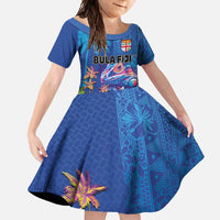 Fiji Bula Family Matching Tank Maxi Dress and Hawaiian Shirt Tropical Plants with Palm Tree and Iguana Colorful LT03 Daughter's Dress Blue - Polynesian Pride