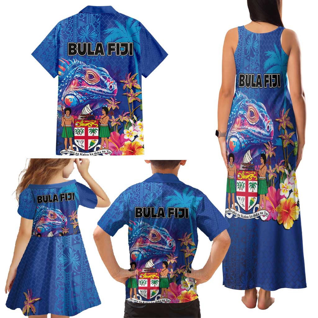 Fiji Bula Family Matching Tank Maxi Dress and Hawaiian Shirt Tropical Plants with Palm Tree and Iguana Colorful LT03 - Polynesian Pride