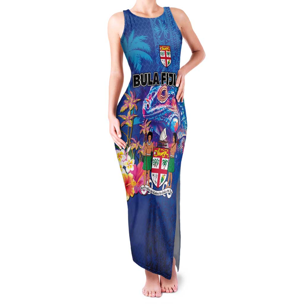 Fiji Bula Family Matching Tank Maxi Dress and Hawaiian Shirt Tropical Plants with Palm Tree and Iguana Colorful LT03 Mom's Dress Blue - Polynesian Pride