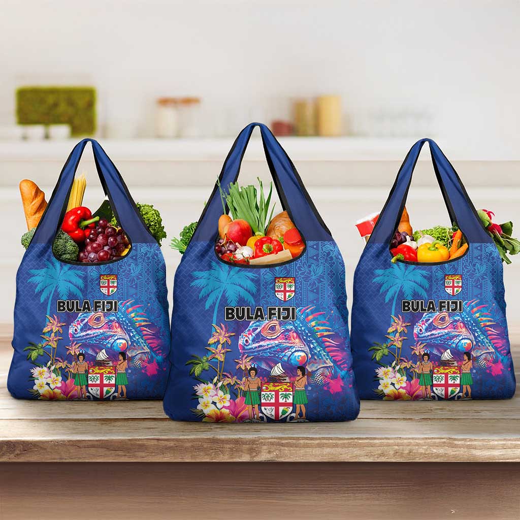 Fiji Bula Grocery Bag Tropical Plants with Palm Tree and Iguana Colorful