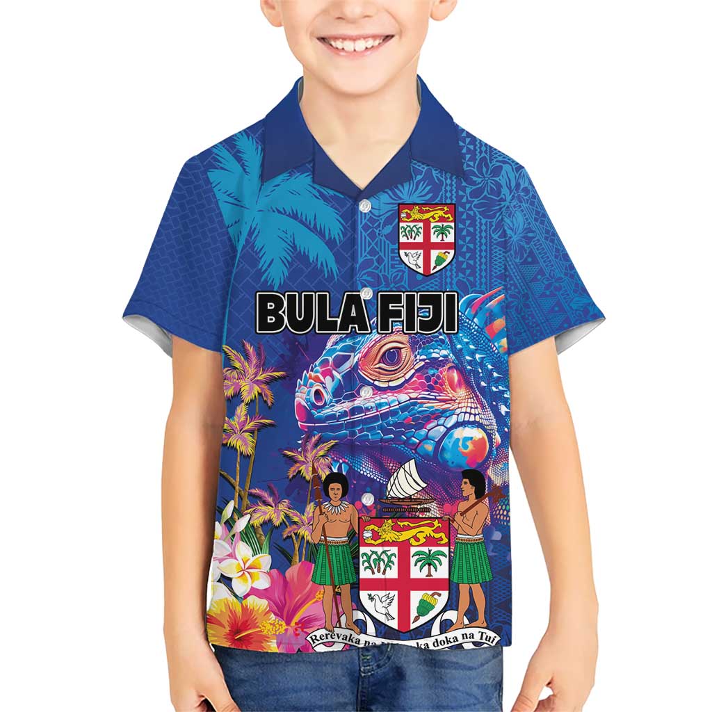 Fiji Bula Hawaiian Shirt Tropical Plants with Palm Tree and Iguana Colorful