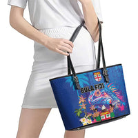 Fiji Bula Leather Tote Bag Tropical Plants with Palm Tree and Iguana Colorful