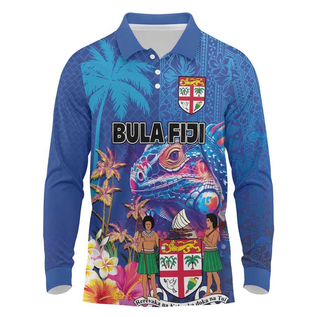 Fiji Bula Long Sleeve Polo Shirt Tropical Plants with Palm Tree and Iguana Colorful LT03 Blue - Polynesian Pride