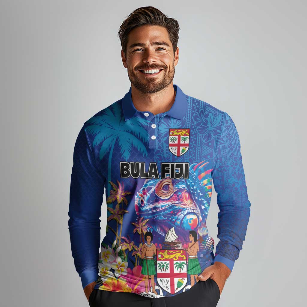 Fiji Bula Long Sleeve Polo Shirt Tropical Plants with Palm Tree and Iguana Colorful