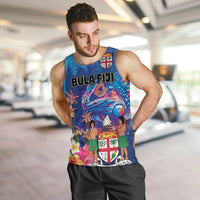 Fiji Bula Men Tank Top Tropical Plants with Palm Tree and Iguana Colorful