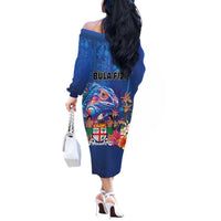 Fiji Bula Off The Shoulder Long Sleeve Dress Tropical Plants with Palm Tree and Iguana Colorful