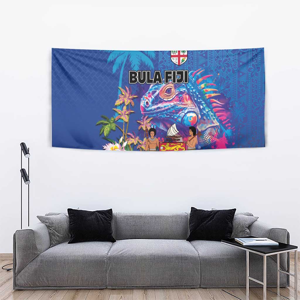 Fiji Bula Tapestry Tropical Plants with Palm Tree and Iguana Colorful