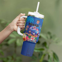 Fiji Bula Tumbler With Handle Tropical Plants with Palm Tree and Iguana Colorful