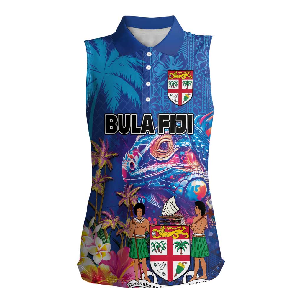 Fiji Bula Women Sleeveless Polo Shirt Tropical Plants with Palm Tree and Iguana Colorful LT03 Female Blue - Polynesian Pride