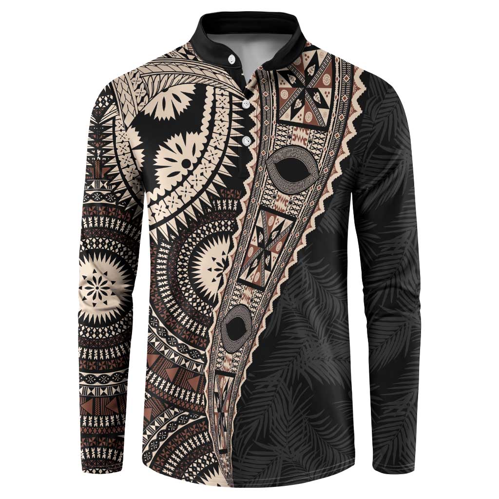 Fiji Traditional Masi Button Sweatshirt Tapa Art Palm Leaves Pattern LT03 Brown - Polynesian Pride