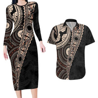 Fiji Traditional Masi Couples Matching Long Sleeve Bodycon Dress and Hawaiian Shirt Tapa Art Palm Leaves Pattern LT03 Brown - Polynesian Pride