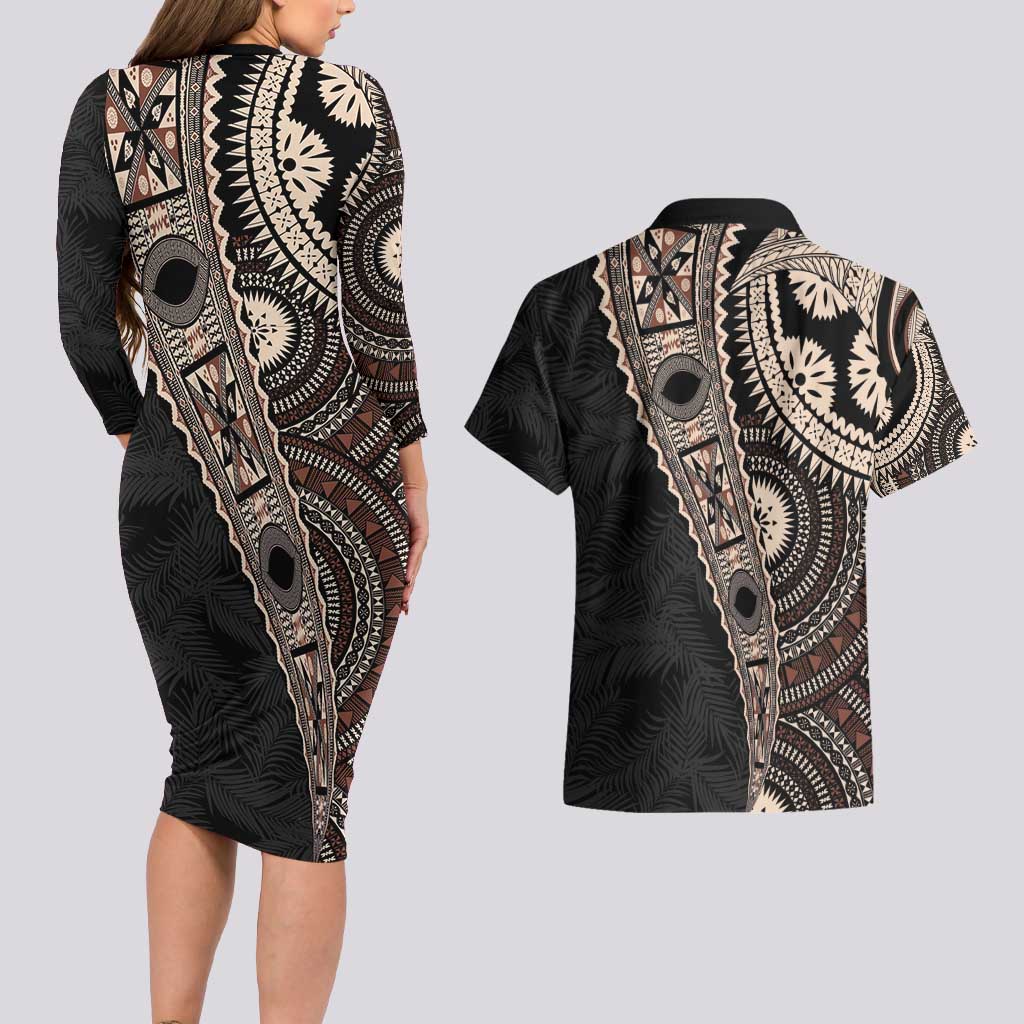 Fiji Traditional Masi Couples Matching Long Sleeve Bodycon Dress and Hawaiian Shirt Tapa Art Palm Leaves Pattern LT03 - Polynesian Pride