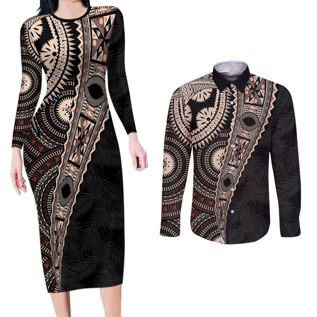 Fiji Traditional Masi Couples Matching Long Sleeve Bodycon Dress and Long Sleeve Button Shirt Tapa Art Palm Leaves Pattern LT03 Brown - Polynesian Pride