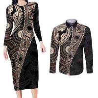 Fiji Traditional Masi Couples Matching Long Sleeve Bodycon Dress and Long Sleeve Button Shirt Tapa Art Palm Leaves Pattern LT03 Brown - Polynesian Pride