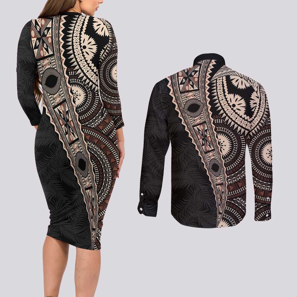 Fiji Traditional Masi Couples Matching Long Sleeve Bodycon Dress and Long Sleeve Button Shirt Tapa Art Palm Leaves Pattern LT03 - Polynesian Pride