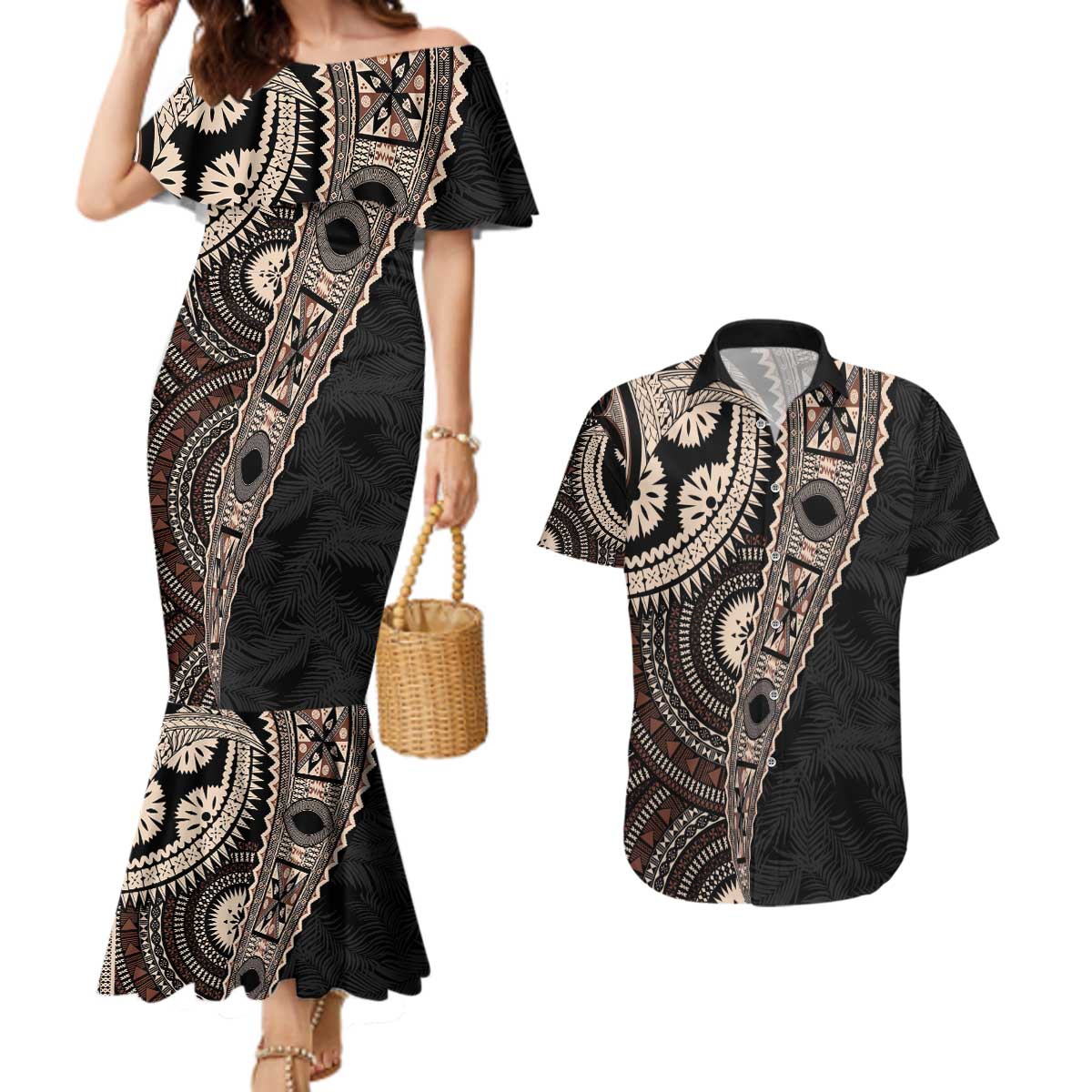 Fiji Traditional Masi Couples Matching Mermaid Dress and Hawaiian Shirt Tapa Art Palm Leaves Pattern LT03 Brown - Polynesian Pride