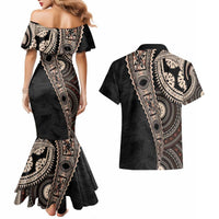 Fiji Traditional Masi Couples Matching Mermaid Dress and Hawaiian Shirt Tapa Art Palm Leaves Pattern LT03 - Polynesian Pride