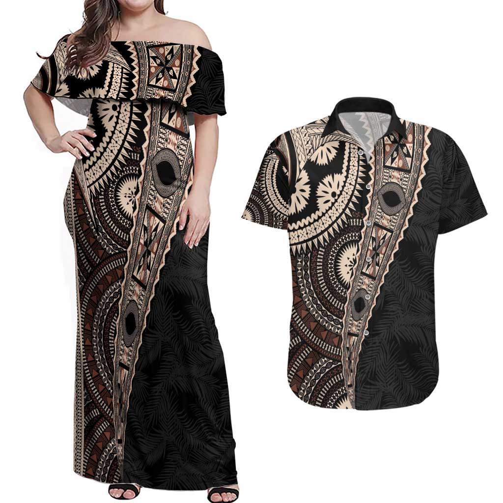 Fiji Traditional Masi Couples Matching Off Shoulder Maxi Dress and Hawaiian Shirt Tapa Art Palm Leaves Pattern LT03 Brown - Polynesian Pride