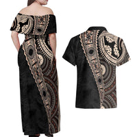 Fiji Traditional Masi Couples Matching Off Shoulder Maxi Dress and Hawaiian Shirt Tapa Art Palm Leaves Pattern LT03 - Polynesian Pride