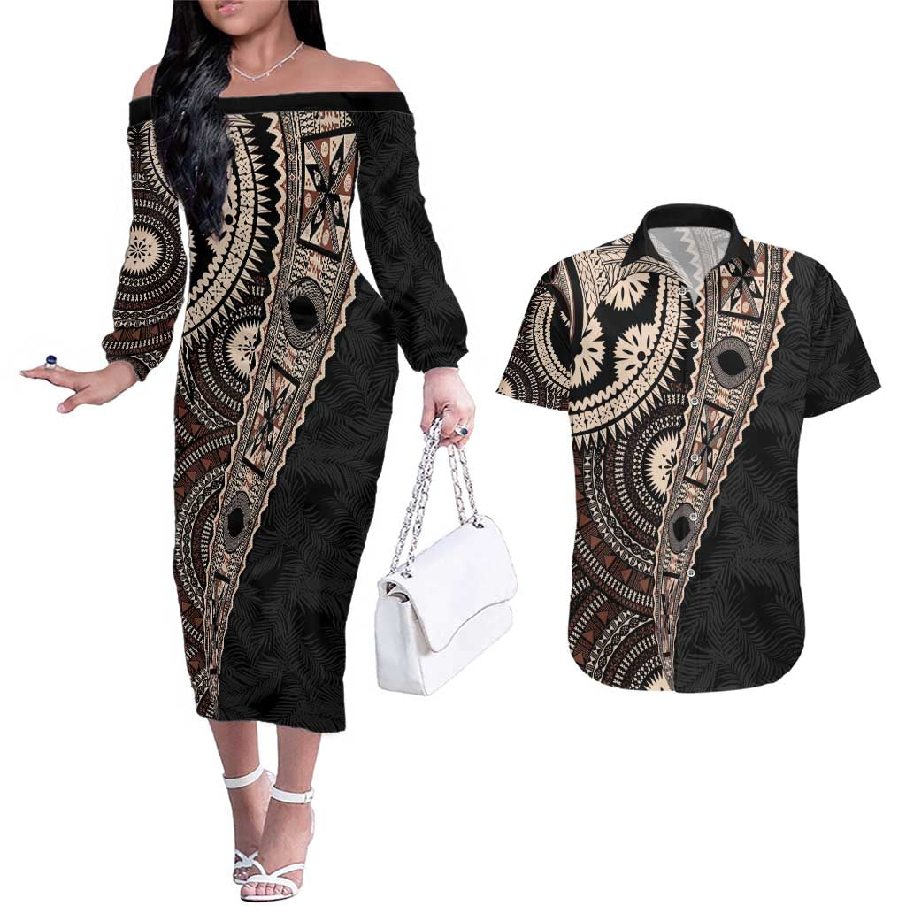 Fiji Traditional Masi Couples Matching Off The Shoulder Long Sleeve Dress and Hawaiian Shirt Tapa Art Palm Leaves Pattern LT03 Brown - Polynesian Pride