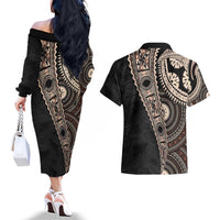 Fiji Traditional Masi Couples Matching Off The Shoulder Long Sleeve Dress and Hawaiian Shirt Tapa Art Palm Leaves Pattern LT03 - Polynesian Pride