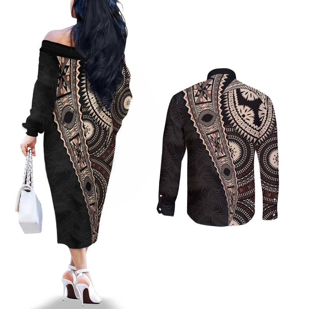Fiji Traditional Masi Couples Matching Off The Shoulder Long Sleeve Dress and Long Sleeve Button Shirt Tapa Art Palm Leaves Pattern LT03 - Polynesian Pride