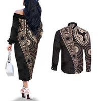Fiji Traditional Masi Couples Matching Off The Shoulder Long Sleeve Dress and Long Sleeve Button Shirt Tapa Art Palm Leaves Pattern LT03 - Polynesian Pride