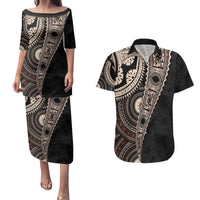 Fiji Traditional Masi Couples Matching Puletasi and Hawaiian Shirt Tapa Art Palm Leaves Pattern